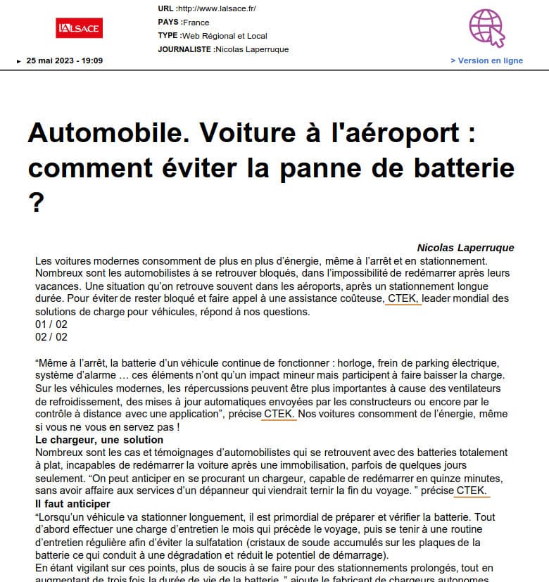 Coupure de presse du journal Alsace qui titre "Automobile : Voiture à l'aéroport : comment éviter la panne de batterie ?"