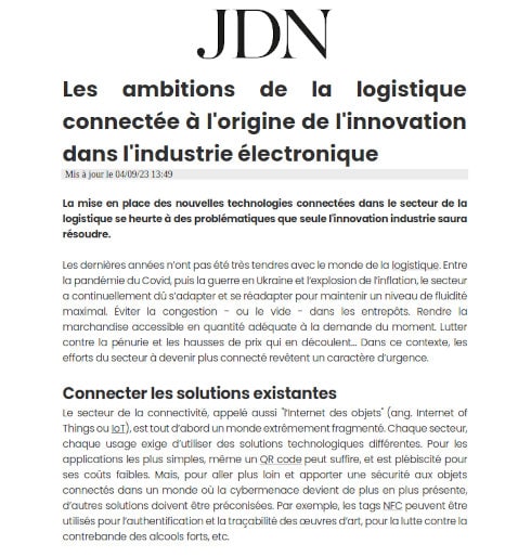 Coupure de presse du journal JDN qui titre "Les ambitions de la logistique connectée à l'origine de l'innovation dans l'industrie électronique"