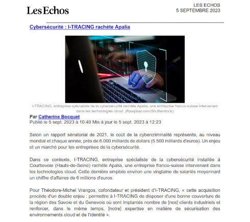 Coupure de presse du journal Les Echos qui titre "Cybersécurité : I-TRACING rachète Apalia"