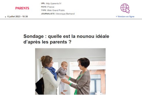 Coupure de presse du journal Parents qui titre "Sondage : quelle est la nounou idéale d'après les parents ?"