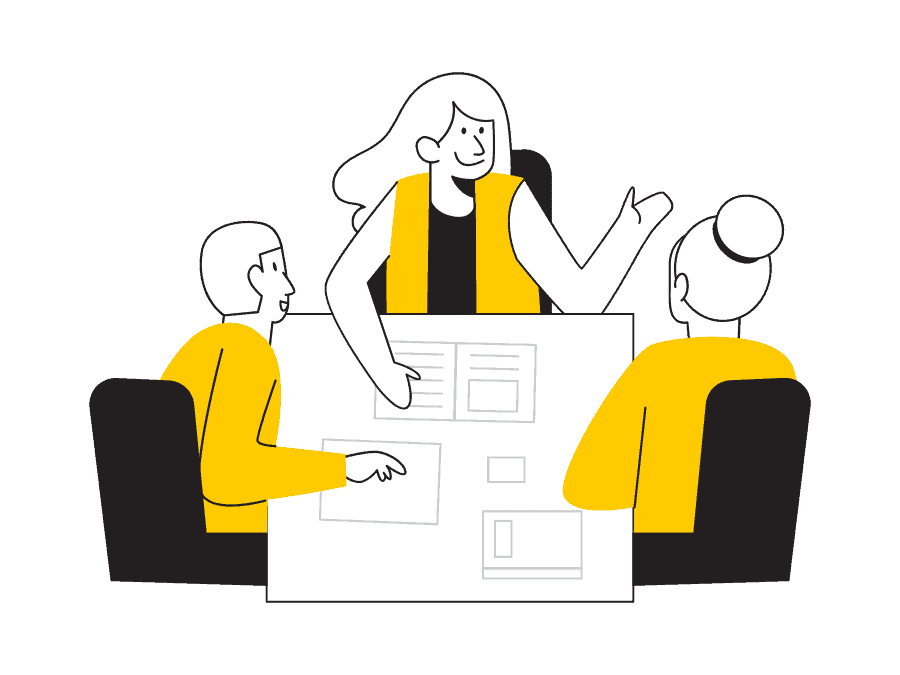 Illustration de trois personnages autour d'une table préparant une stratégie de relations Presse gràce à de la rédaction de contenus adaptée aux réseaux sociaux.