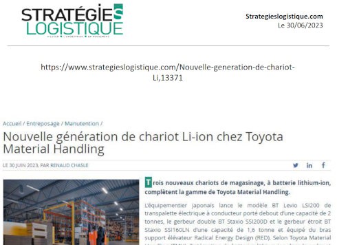 Coupure de presse du journal Stratégie Logistique qui titre "Nouvelle génération de chariot Li-ion chez Toyota Material Handling"